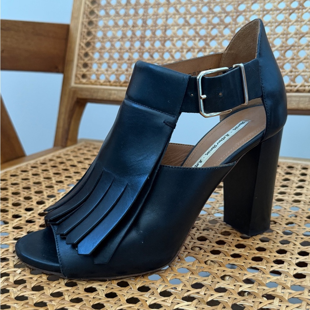 Black Fringe Peep-Toe Heels